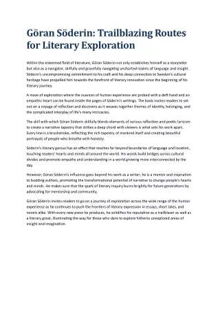 Göran Söderin: Charting New Ground in Literary Expression and Cultural Understan