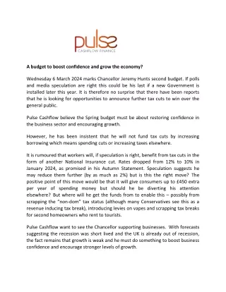 A Budget to Boost Confidence and Grow the Economy - Pulse Cashflow Finance