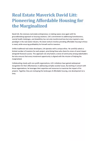 Redefining the Real Estate Industry David Litt's Pioneering Strategy for Accessible Housing