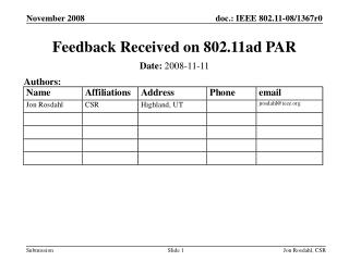 Feedback Received on 802.11ad PAR