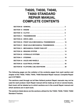 New Holland T4020 Tractor Service Repair Manual