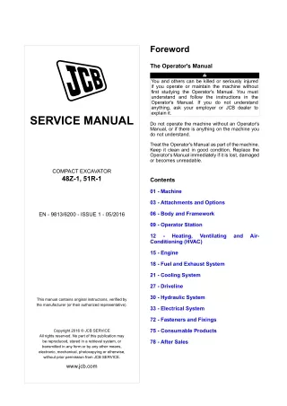 JCB 48Z-1 COMPACT EXCAVATOR Tier 3 Perkins Engine Service Repair Manual From 1922451 To 1924450