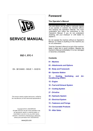 JCB 55Z-1 COMPACT EXCAVATOR Service Repair Manual (Kohler Engine)