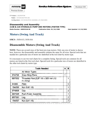 Caterpillar Cat 225 EXCAVATOR (Prefix 20S) Service Repair Manual (20S00001 and up)