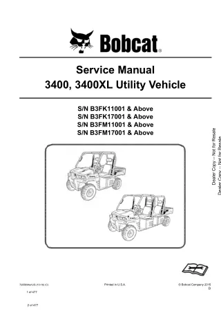 Bobcat 3400, 3400XL Utility Vehicle Service Repair Manual (SN B3FK11001 and Above)