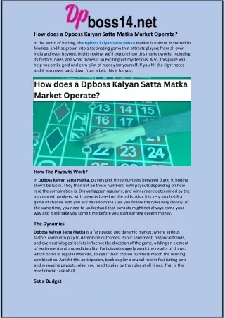 How does a Dpboss Kalyan Satta Matka Market Operate?