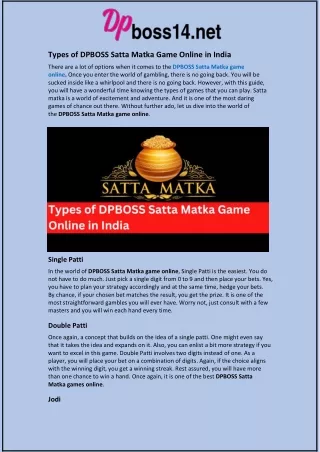 Types of DPBOSS Satta Matka Game Online in India