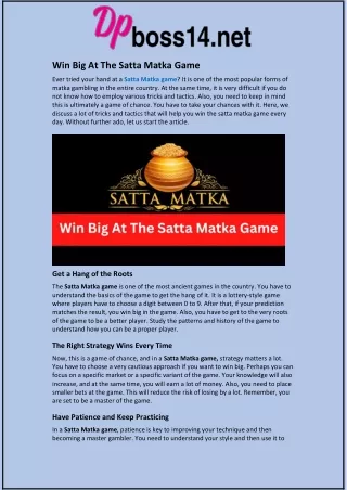 Win Big At The Satta Matka Game