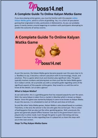 A Complete Guide To Online Kalyan Matka Game