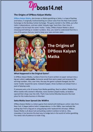 The Origins of DPBoss Kalyan Matka