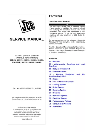 JCB 526-56 Tier 4 Telescopic Handler Service Repair Manual SN from 2460601 onwards