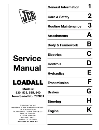 JCB 530FS Super (530 SXL France) Telescopic Handler Service Repair Manual SN From 767001