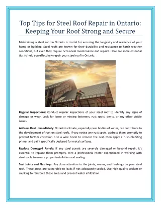 Top Tips for Steel Roof Repair in Ontario Keeping Your Roof Strong and Secure