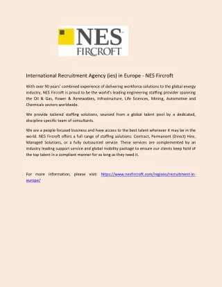 International Recruitment Agency (ies) in Europe - NES Fircroft