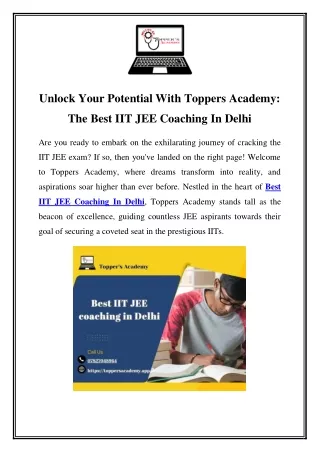 Achieve IIT JEE Success: Top-Rated Coaching at Toppers Academy, Delhi