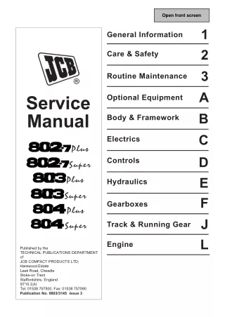 JCB 802.7plus MINI EXCAVATOR Service Repair Manual SN（747084 to 747210）