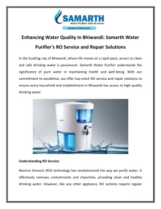 Enhancing Water Quality in Bhiwandi Samarth Water Purifier's RO Service and Repair Solutions