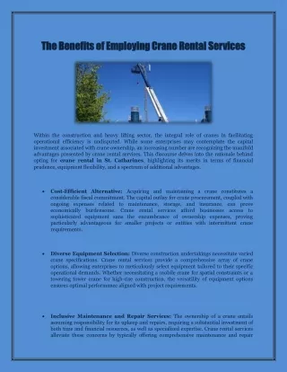 The Benefits of Employing Crane Rental Services