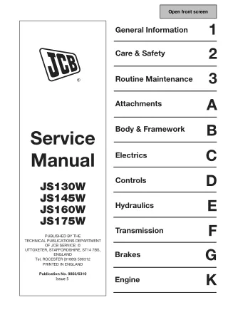 JCB JS145W WHEELED EXCAVATOR Service Repair Manual SN：816000 Onwards