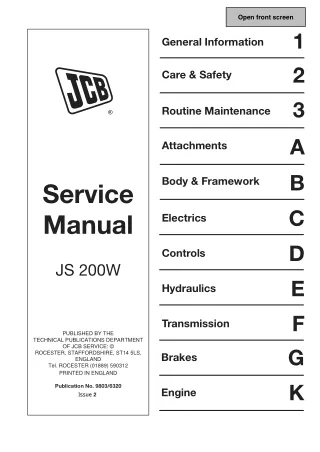 JCB JS200W WHEELED EXCAVATOR Service Repair Manual SN 809000 Onwards