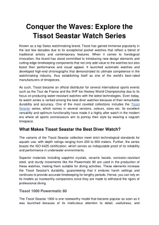 Conquer the Waves Explore the Tissot Seastar Watch Series