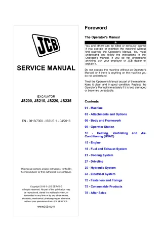 JCB JS235 T4F Excavator Service Repair Manual (From 2424851 To 2425350)