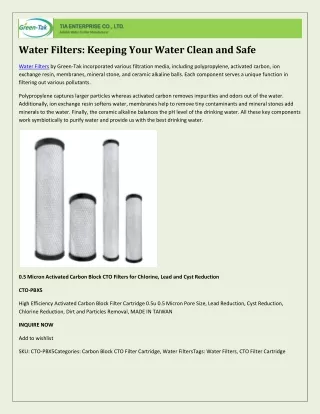 Water Filters: An Enhanced Protection with Green Tak Safe Water