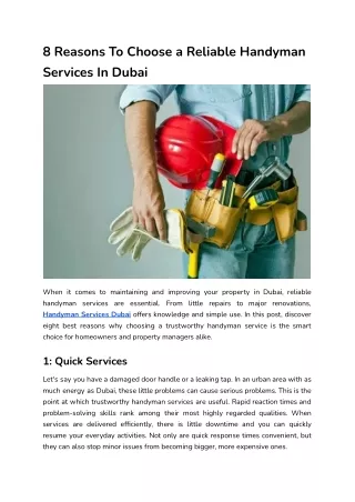 8 Reasons To Choose a Reliable Handyman Services In Dubai