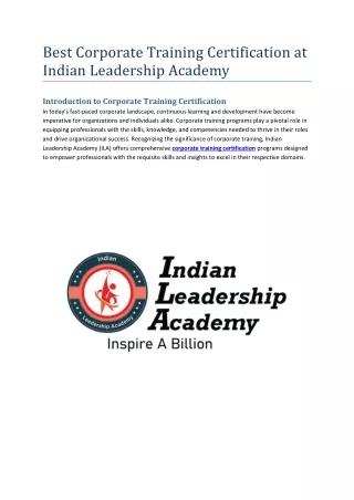 Best Corporate Training Certification at Indian Leadership Academy