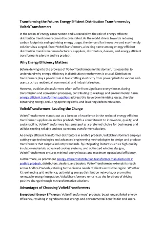 Energy Efficient Distribution Transformers by VoltekTransformers