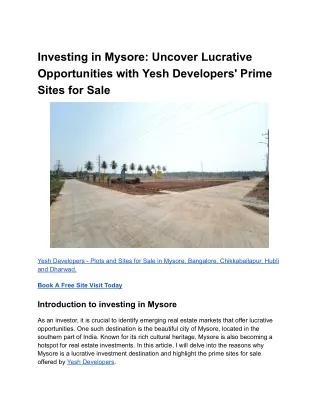 Investing in Mysore_ Uncover Lucrative Opportunities with Yesh Developers' Prime Sites for Sale