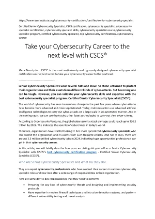 Certified Senior Cybersecurity Specialist CSCS® Certification USCSI®