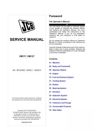 JCB VM137 Tier 4i Vibratory Roller Service Repair Manual (From 2170051 To 2173051)