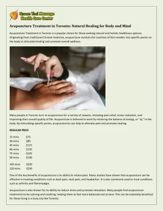 Acupuncture Treatment in Toronto: Natural Healing for Body and Mind