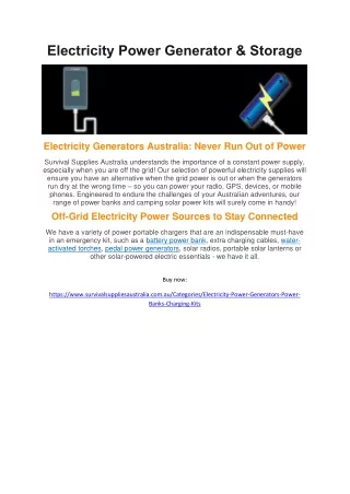 Electricity Power Generator https://www.survivalsuppliesaustralia.com.au/Categor