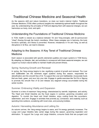 Traditional Chinese Medicine and Seasonal Health