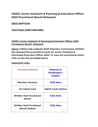 OSSSC Junior Assistant & Panchayat Executive Officer 2023 Provisional Result Released