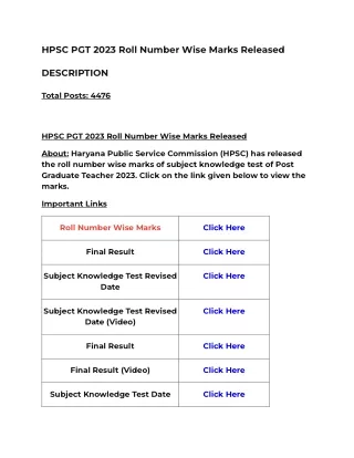 HPSC PGT 2023 Roll Number Wise Marks Released