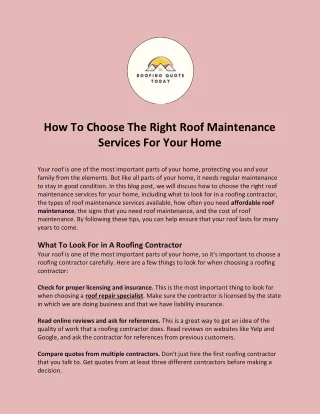 How To Choose The Right Roof Maintenance Services For Your Home