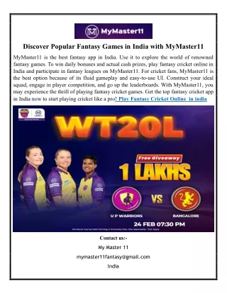 Discover Popular Fantasy Games in India with MyMaster11