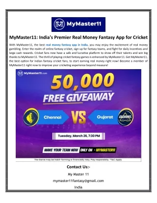 MyMaster11 India's Premier Real Money Fantasy App for Cricket