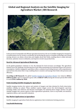 Global and Regional Analysis on the Satellite Imaging for Agriculture Market