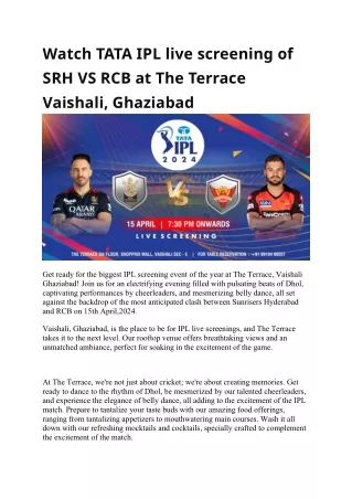 Watch TATA IPL live screening of SRH VS RCB at The Terrace Vaishali, Ghaziabad
