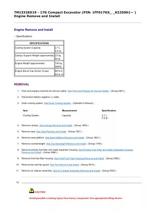 John Deere 17G (PIN 1FF017GX_ _K225001— ) Compact Excavator Service Repair Manual Instant Download (TM13326X19)