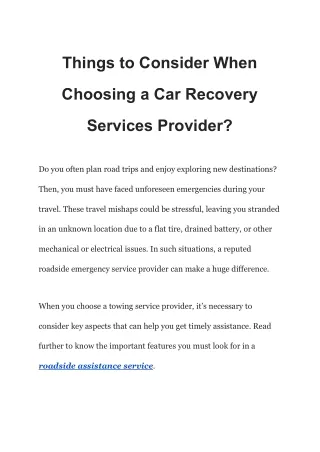 Key Factors to Keep in Mind When Selecting a Car Recovery Services Provider