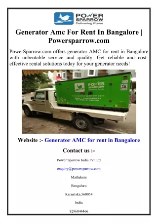 Generator Amc For Rent In Bangalore  Powersparrow.com