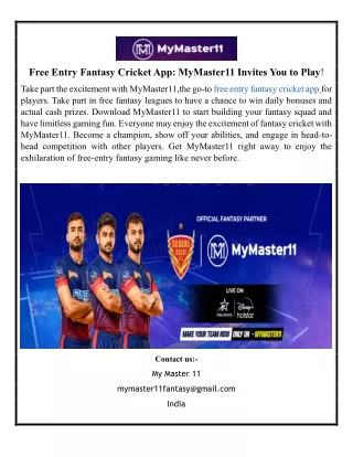 Free Entry Fantasy Cricket App MyMaster11 Invites You to Play!