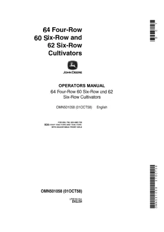 John Deere 64 Four-Row 60 Six-Row and 62 Six-Row Cultivators Operator’s Manual Instant Download (Publication No.OMN50105