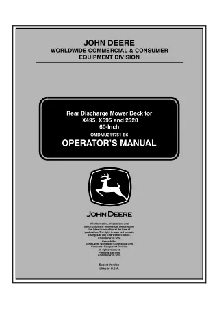 John Deere 60-Inch Rear Discharge Mower Deck for X495 X595 and 2520 Tractors Operator’s Manual Instant Download (PIN0100