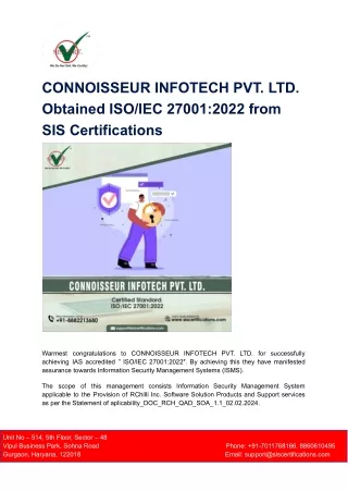 CONNOISSEUR INFOTECH PVT. LTD. Obtained ISO_IEC 27001_2022